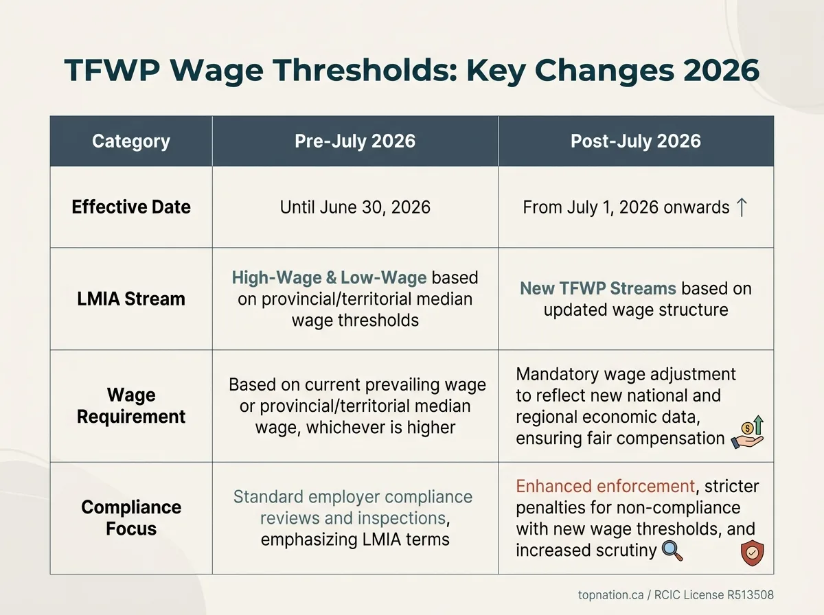 TFWP Wage Thresholds Comparison Comparison infographic showing TFWP wage thresholds before and after July 2026.