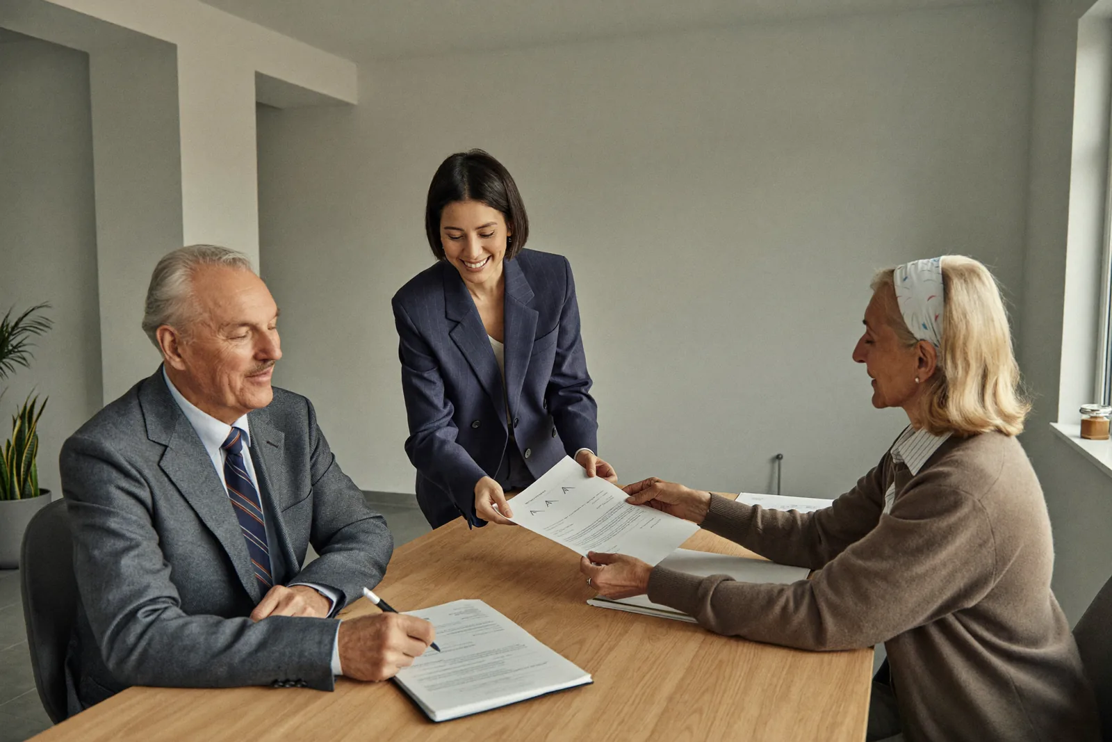 Elderly couple reviewing super visa requirements with a TopNation consultant in Edmonton