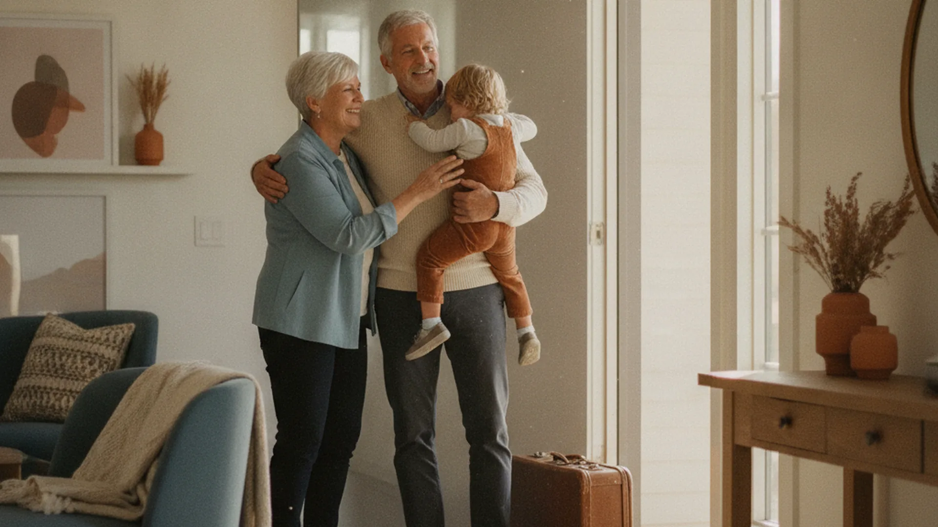 Grandparents warmly welcomed by family with their grandchild and suitcase in a bright Canadian home, arriving for an extended visit on a Super Visa.