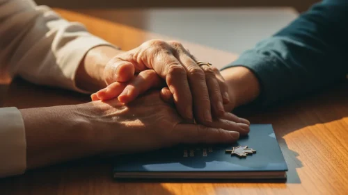 An older adult's hand resting on a younger adult's hand on a wooden table with a Canadian passport and small flag pin