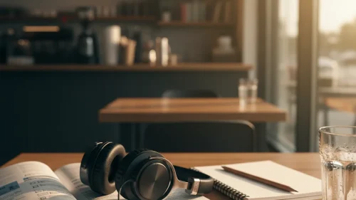 Open IELTS preparation textbook with headphones, notepad, and water on a wooden study table in an Edmonton coffee shop at golden hour