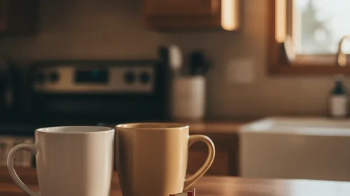 Two ceramic coffee mugs on a wooden breakfast bar in a warm Canadian domestic interior at golden hour