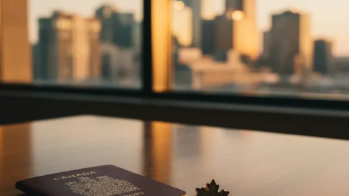 Canadian passport on a wooden desk with Edmonton skyline visible through a window at golden hour