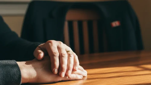 An older adult's hand resting on a younger adult's hand on a polished wooden table with a small Canadian flag pin on a chair-back in the soft background