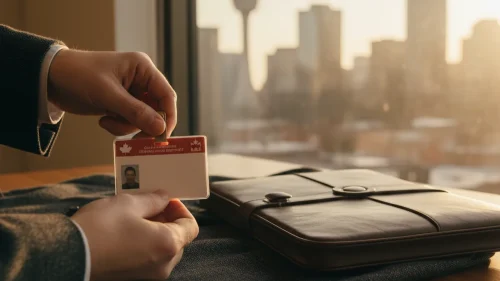 Anonymous hands clipping a Canadian government work permit ID badge onto a charcoal blazer with Edmonton skyline in window