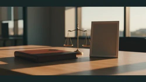 Professional desk with bound legal document, brass scales of justice, and credential frame at golden hour