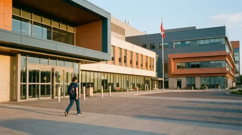 Healthcare professional in dark teal scrubs walking out of a modern Canadian hospital.