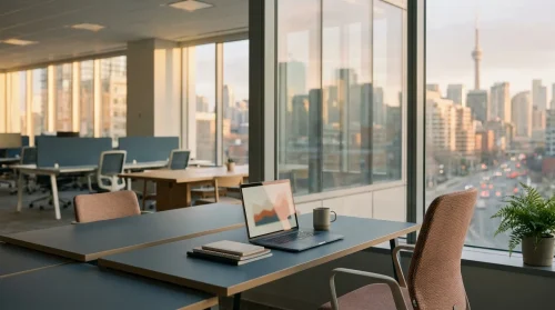 A modern Canadian office interior with a desk and laptop, city view blurred in the background, symbolizing career opportunities.