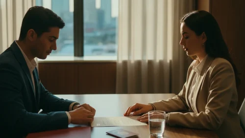 Hiring manager and foreign worker reviewing a work permit application across a wooden desk in a Canadian office boardroom