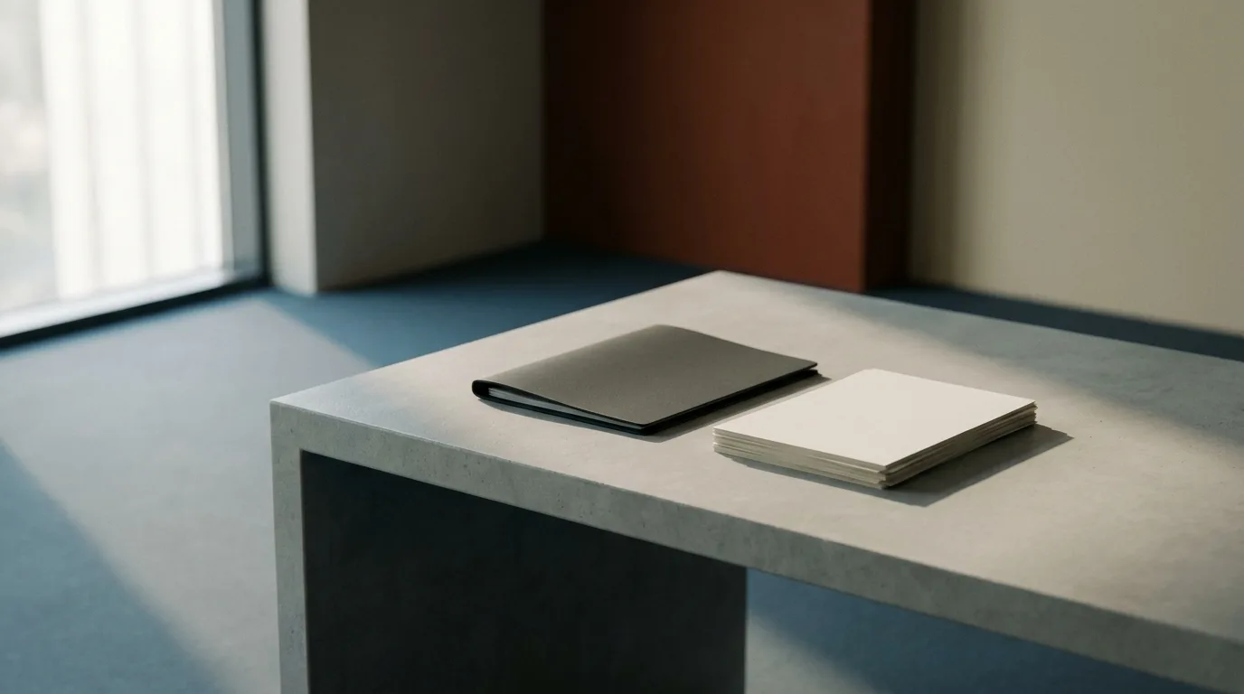 A wide shot of a minimalist office desk with a closed folder, emphasizing diligence and official scrutiny in immigration processes.