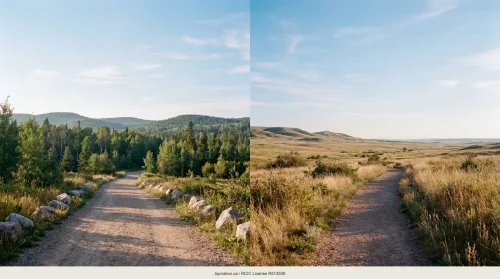 A scenic split pathway in a Canadian landscape, one side leading to a lush forest, the other to open prairies, symbolizing a choice between provincial opportunities.